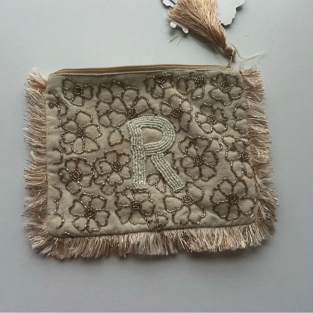 Elegant Floral Beige Clutch with Fringe Anthropologie